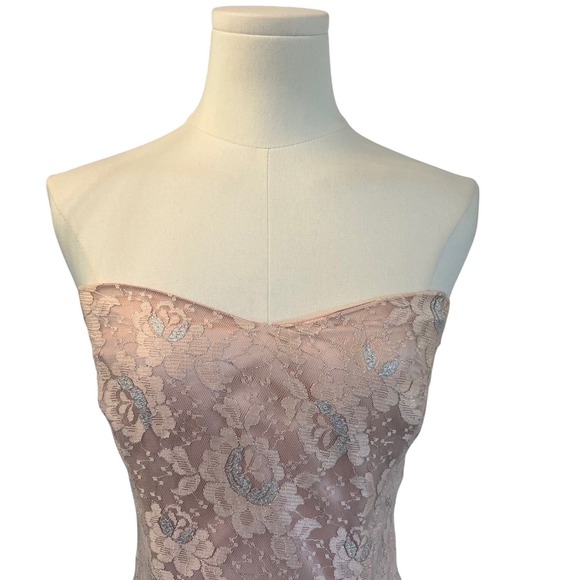 Vintage 80s Pink Lace Satin Ruffle Bow Prom Dress Strapless Sirencore coquette 9 - Picture 2 of 10